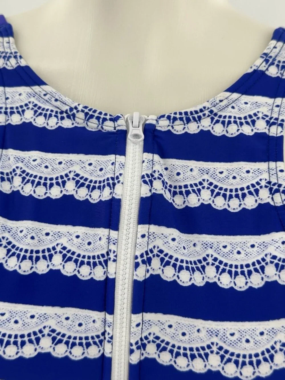 NWOT Venus Blue & White Striped High Neck Zipper Front Padded Swim Top 8